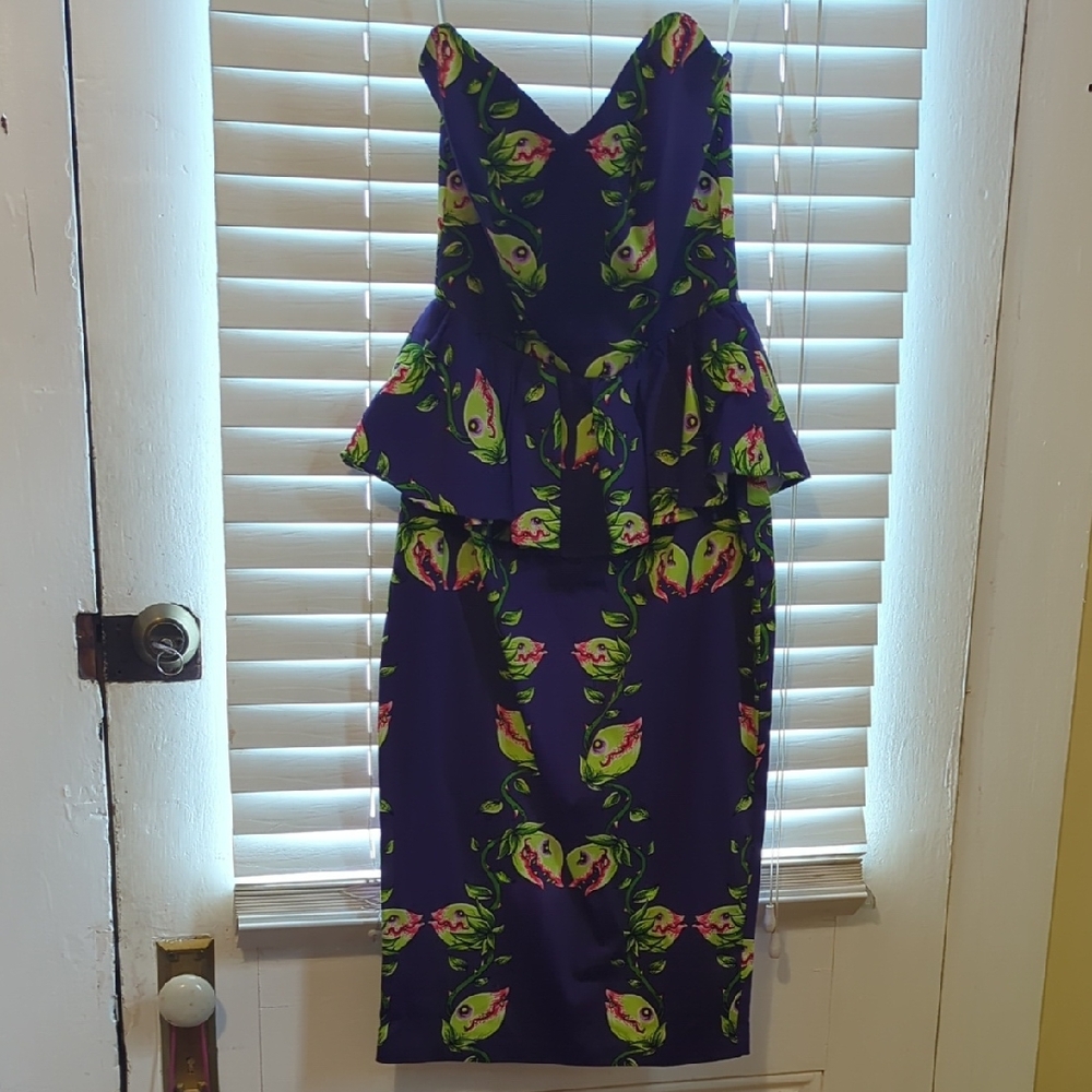Strapless Purple Floral Peplum Midi Dress